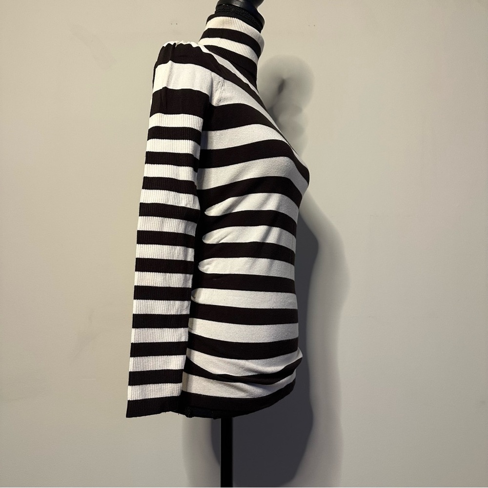 Cache Chocolate Brown & Ivory Striped Turtleneck Sweater Gold Buttons Size M - Picture 8 of 15